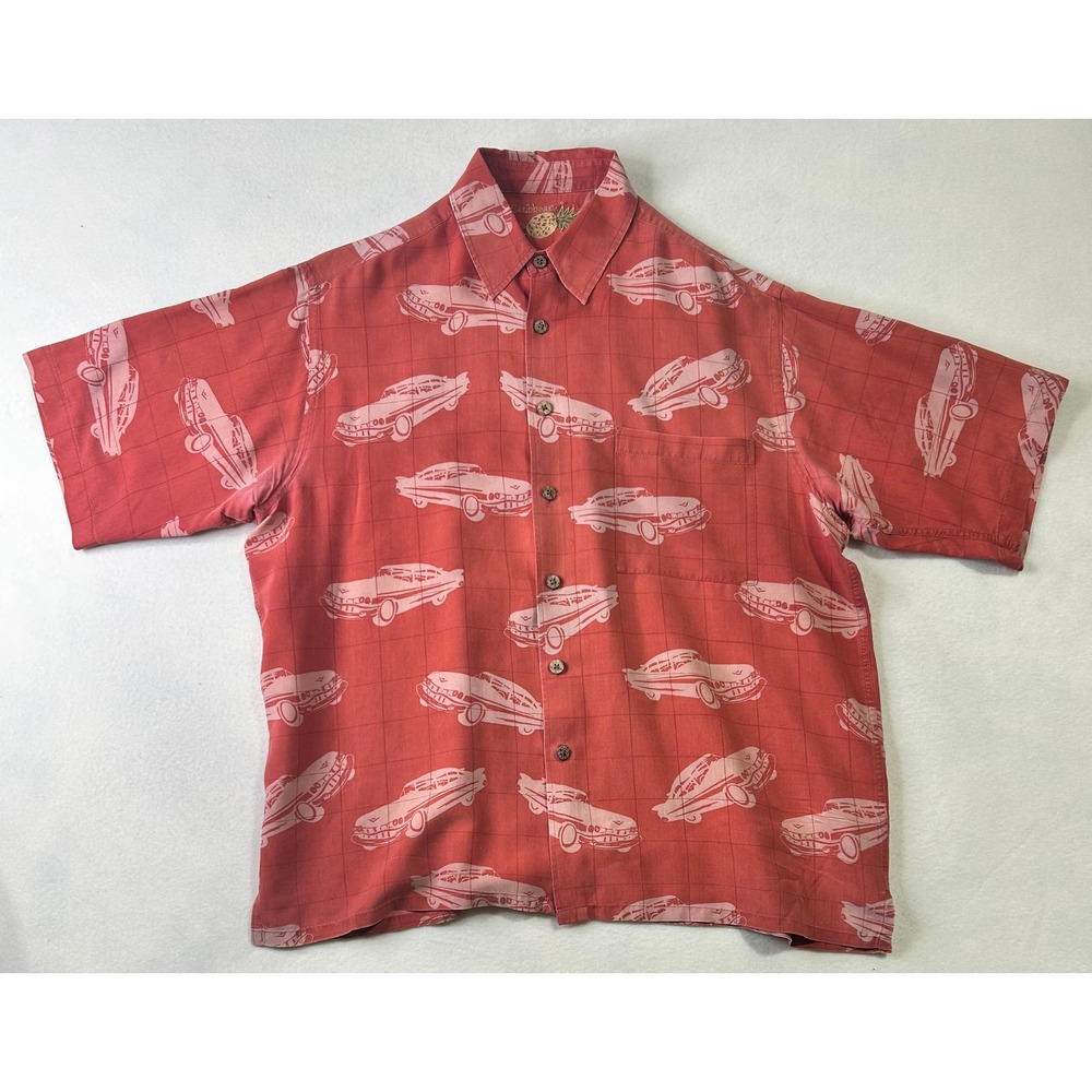 Caribbean Mens Large Red 100% Silk Aloha Shirt Vintageā Classic Car Print Camp